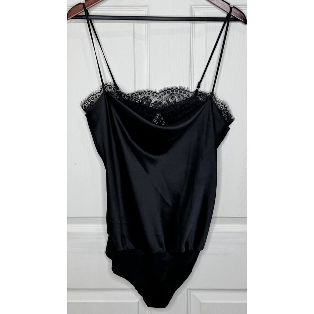 Victoria’s Secret Satin Unlined One Piece Lace Trim Bodysuit Black L NWT